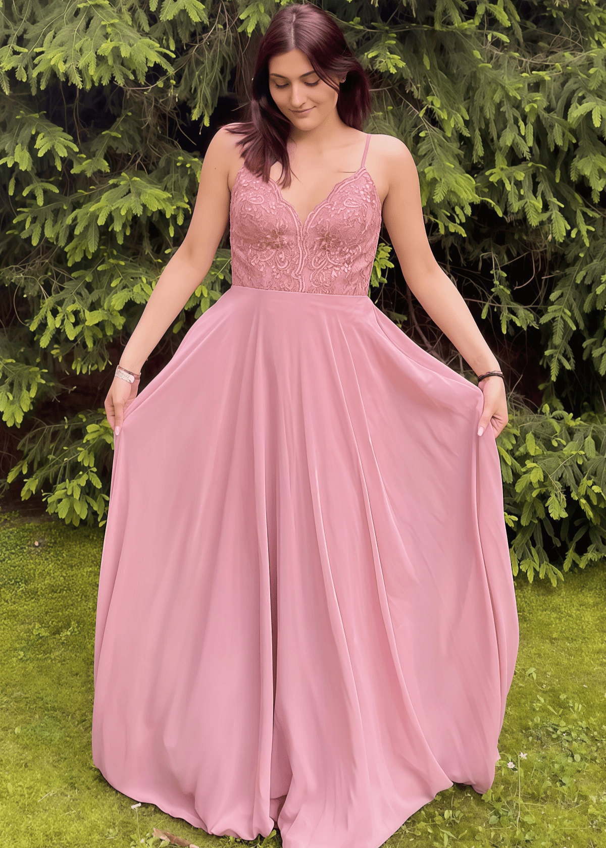 Sandy | A Line Lace Embroidered Rose Gold Chiffon Long Bridesmaid Dress - Rose Gold - PROMDRESS Club