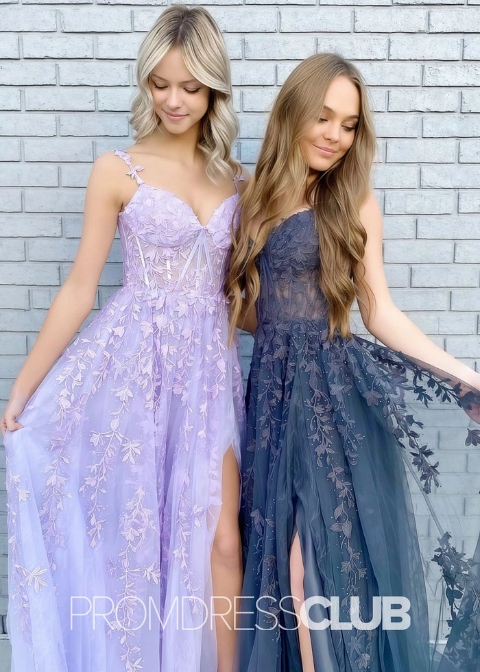 Sara |Navy Blue Long Prom Dresses With A - line Sweetheart Lace Tulle Slit - Price #price_variant_lowest# - Navy Blue - PromDressClub