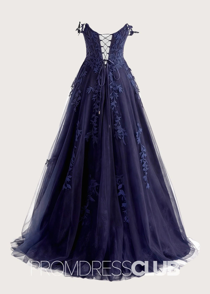 Sara |Navy Blue Long Prom Dresses With A - line Sweetheart Lace Tulle Slit - Price #price_variant_lowest# - Navy Blue - PromDressClub