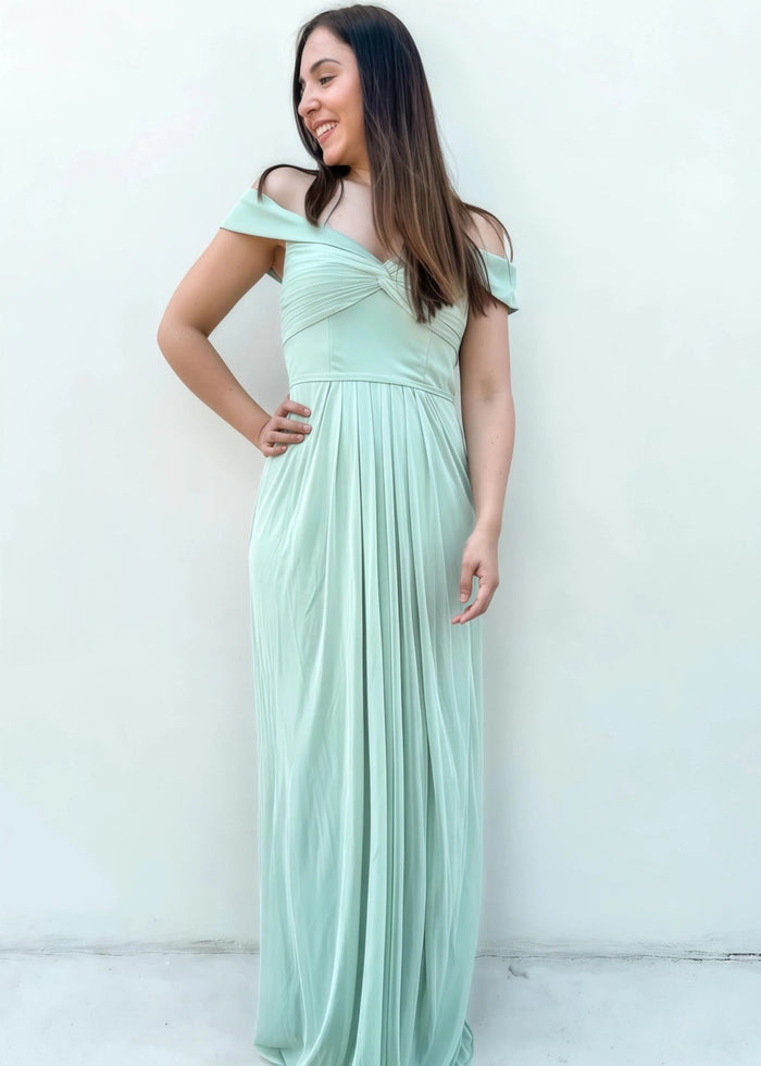 Sara | Sheath Column Twist - Front Sage Green Long Bridesmaid Dress - Price #price_variant_lowest# - Sage - PromDressClub