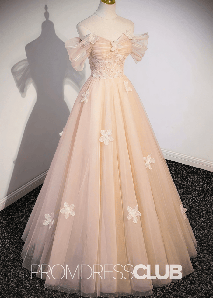 Sarah |Champagne Long Formal Dresses With A Line Off Shoulder Cute Flowers Tulle - Price #price_variant_lowest# - Champagne - PromDressClub