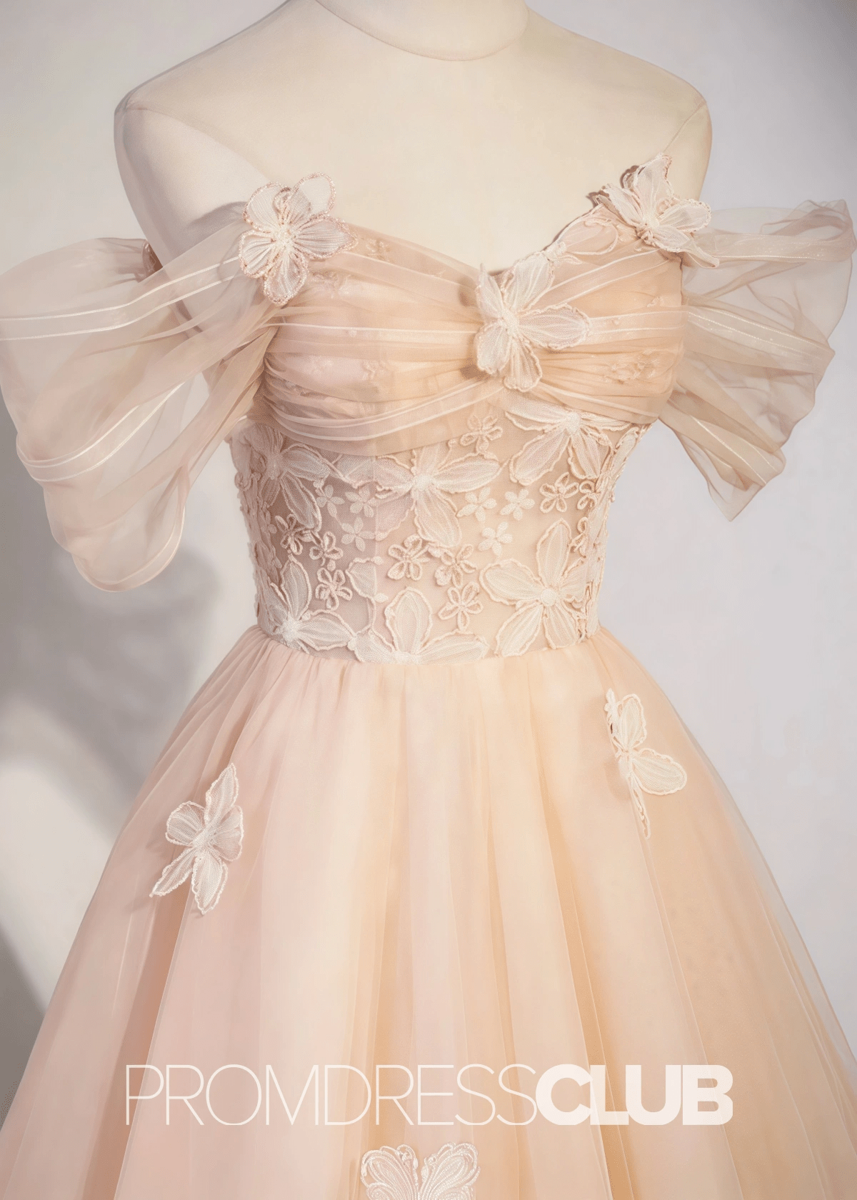 Sarah |Champagne Long Formal Dresses With A Line Off Shoulder Cute Flowers Tulle - Champagne - PromDressClub