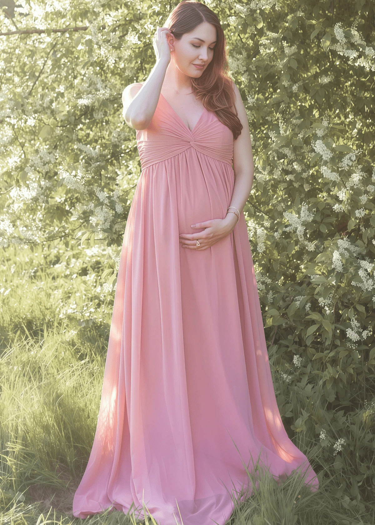 Sebastiane | A Line Twist - Front Maternity Rose Chiffon Long Bridesmaid Dress - Rose Gold - PROMDRESS Club