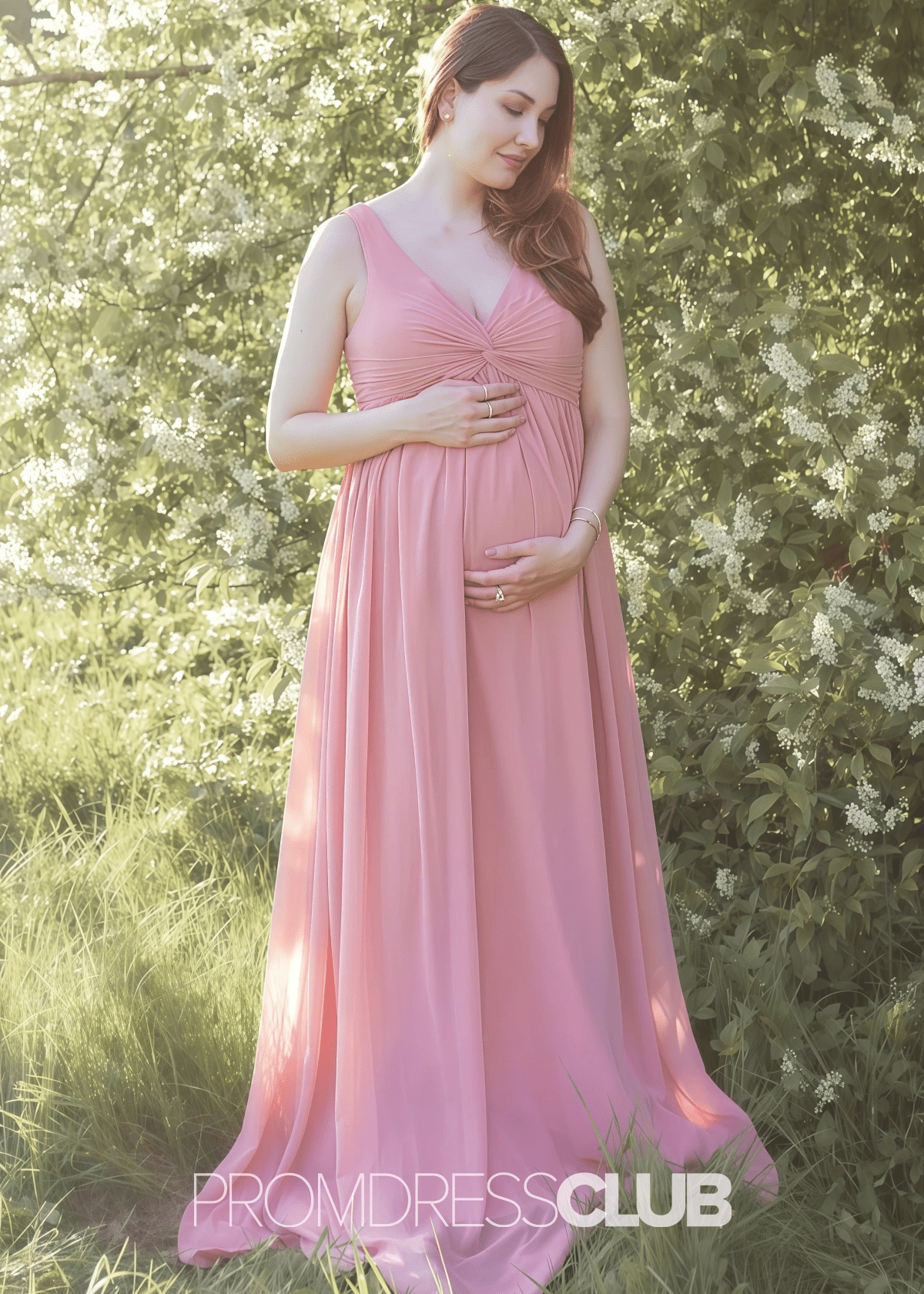 Sebastiane | A Line Twist - Front Maternity Rose Chiffon Long Bridesmaid Dress - Rose Gold - PROMDRESS Club