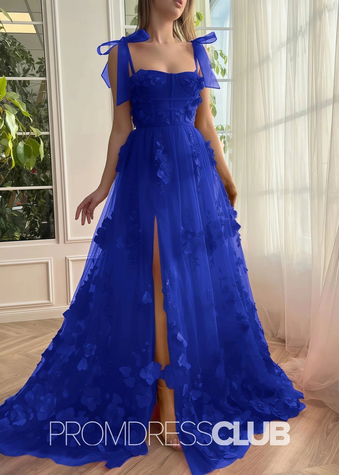 Selena |Red Long Prom Dresses With Scarlet Lace A - line 3D Flower Slit - Price #price_variant_lowest# - Royal Blue - PromDressClub