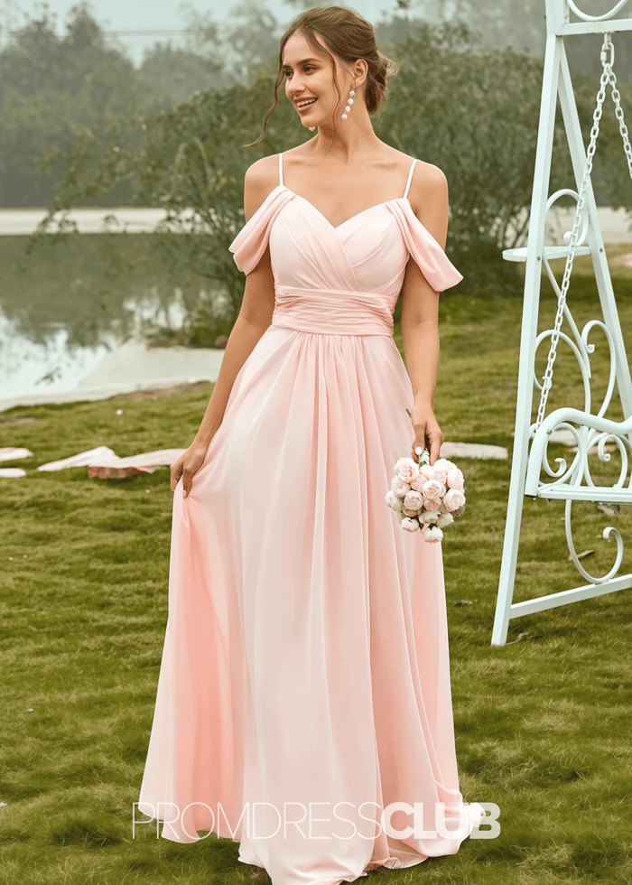 Setlla | A Line Corset Light Pink Chiffon Maxi Bridesmaid Dress - Price #price_variant_lowest# - Light Pink - PromDressClub