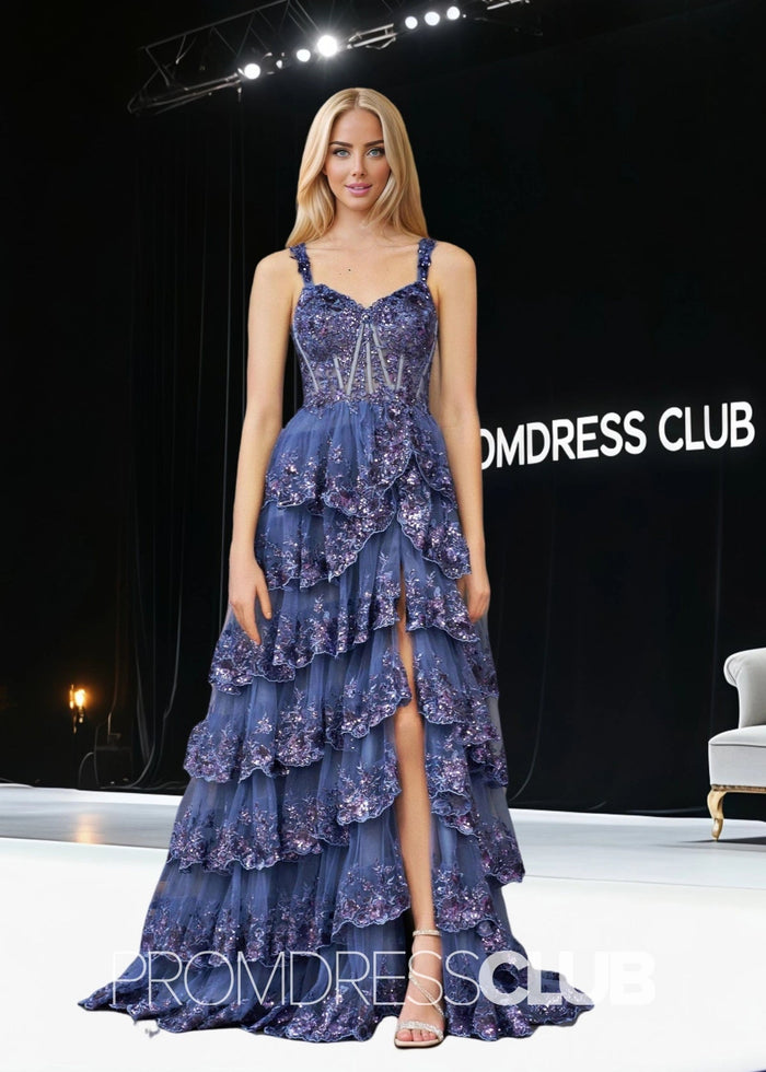 Setlla |Navy A Line Prom Dresses Long Princess With Spaghetti Straps Corset Lace Ruffles - Price #price_variant_lowest# - Navy Blue - PromDressClub