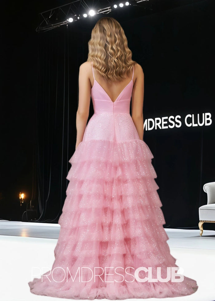 Sharon |Light Pink Long Prom Dresses With A - Line Tiered Spaghetti Straps Tulle - Price #price_variant_lowest# - Light Pink - PromDressClub