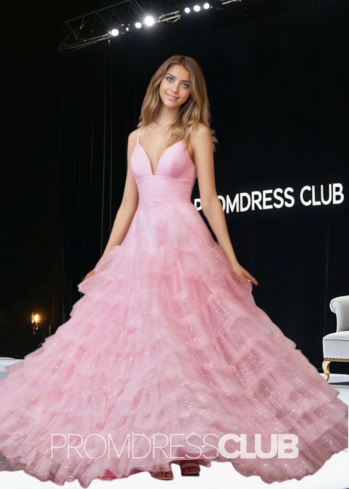 Sharon |Light Pink Long Prom Dresses With A - Line Tiered Spaghetti Straps Tulle - Light Pink - PromDressClub