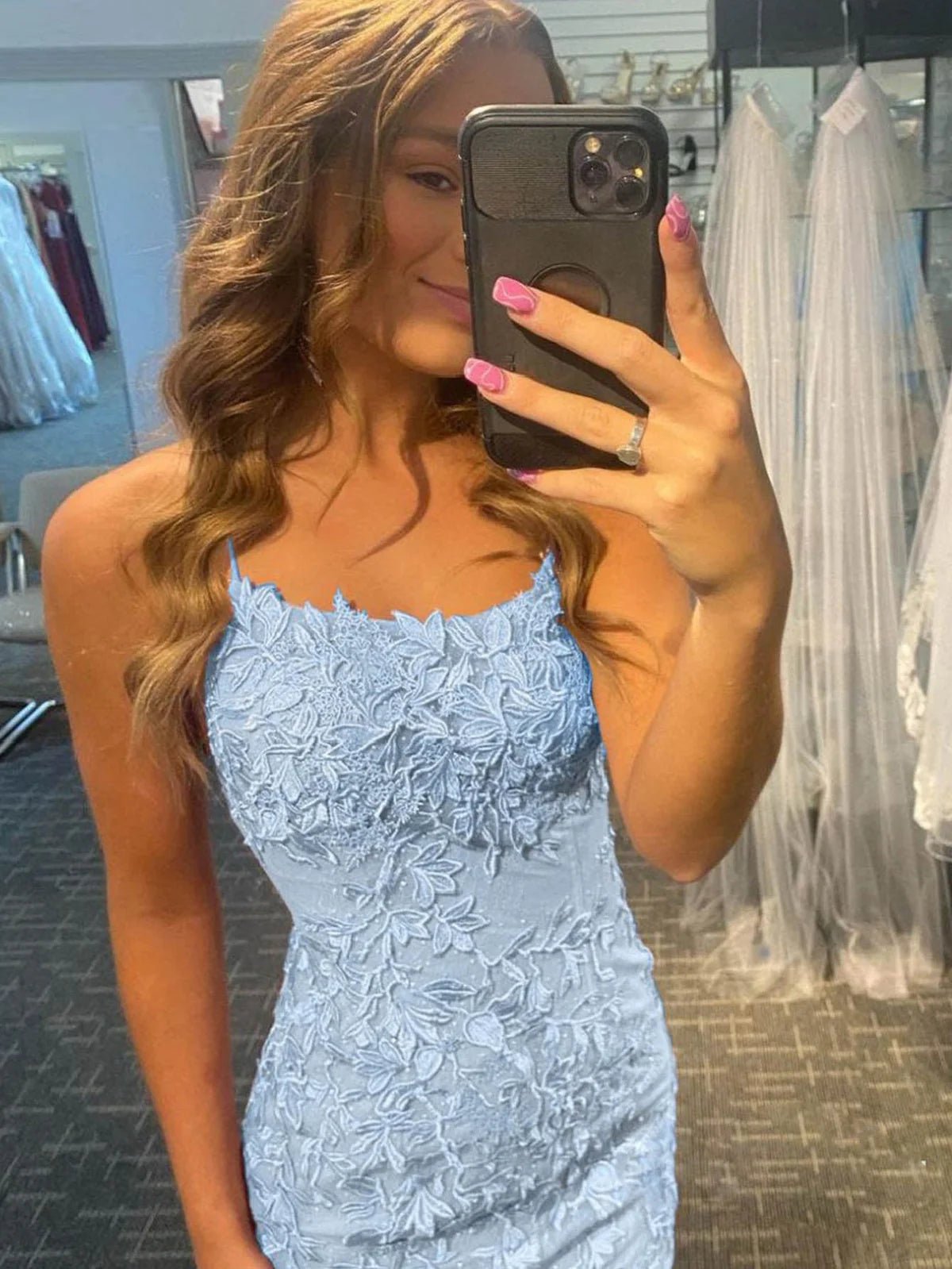 Tammy |Sheath Spaghetti Straps Lace Short Sky Blue Homecoming Dress With Criss Cross Lace - up Back - Sky Blue - US0 - PromDressClub