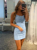 Tammy |Sheath Spaghetti Straps Lace Short Sky Blue Homecoming Dress With Criss Cross Lace - up Back - Sky Blue - US0 - PromDressClub