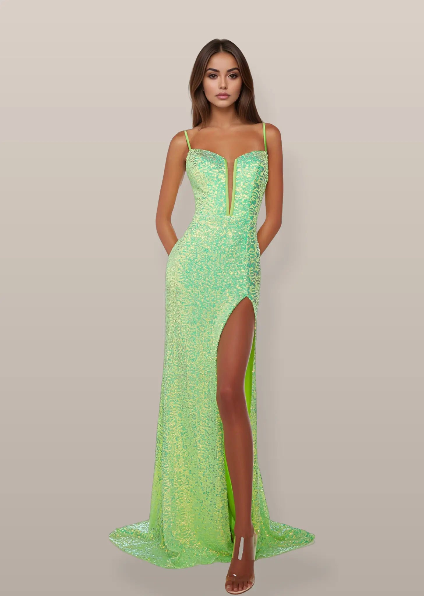 Juliet |Sheath/Column Plunging Neckline Strappy Back Adjustable Straps Front Slit Pink Long Prom Dress With Train - Green - US0 - PromDressClub