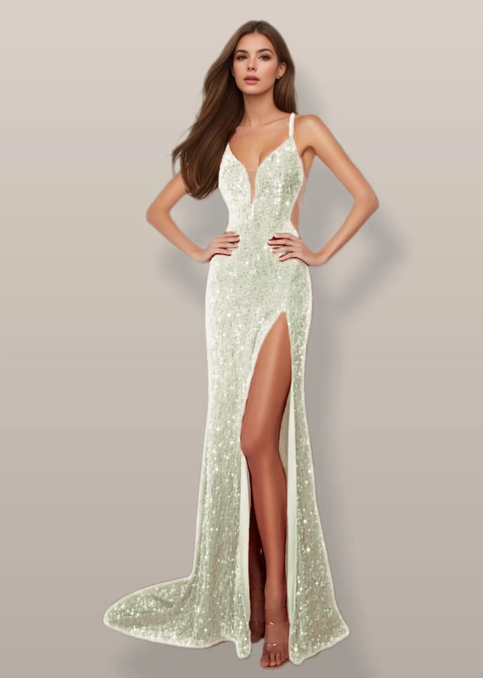 Josephine | Sparkly Burgundy and Gold Sequin Mermaid V Neck Prom Dress with Slit - Ivory - PromDressClub