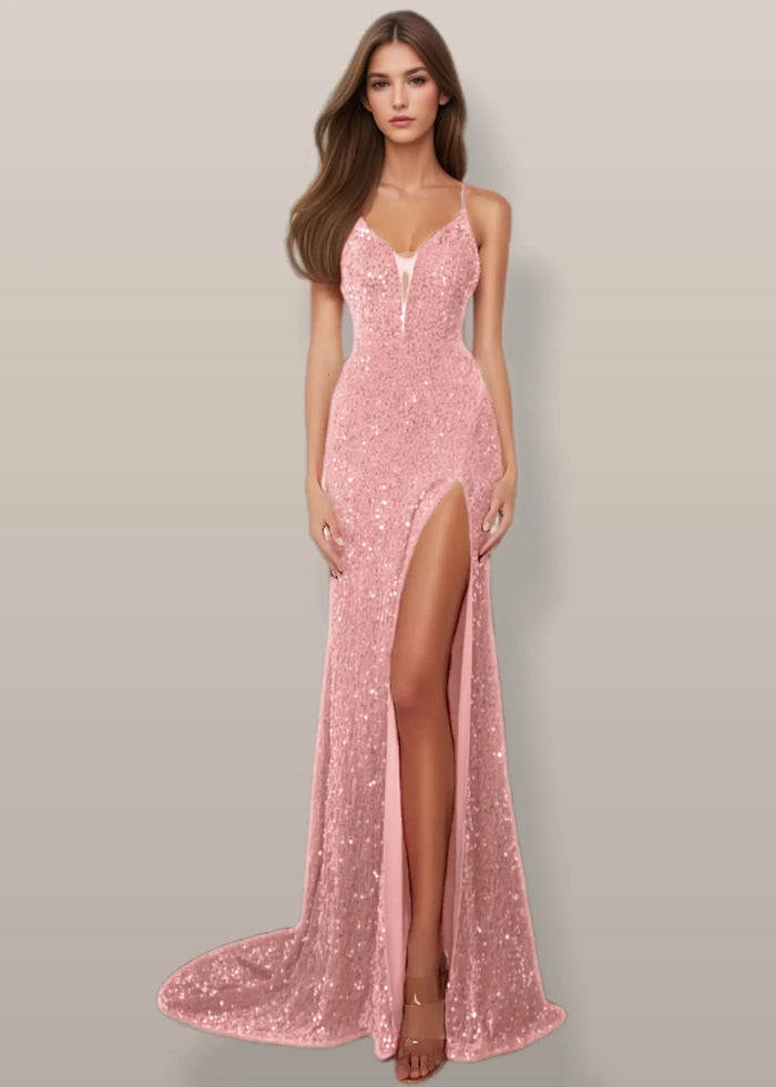 Josephine | Sparkly Burgundy and Gold Sequin Mermaid V Neck Prom Dress with Slit - Light Pink - PromDressClub