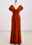 Sheila | A Line Surplice Backless Rust Orange Velvet Maxi Bridesmaid Dress - Bronzer - PROMDRESS Club