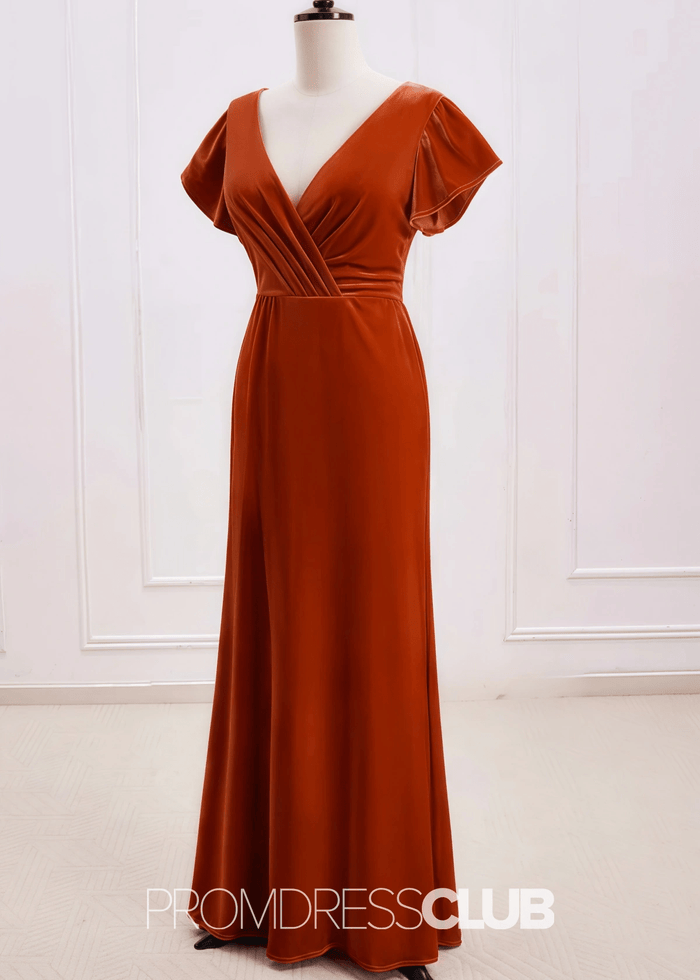 Sheila | A Line Surplice Backless Rust Orange Velvet Maxi Bridesmaid Dress - Price #price_variant_lowest# - Bronzer - PromDressClub