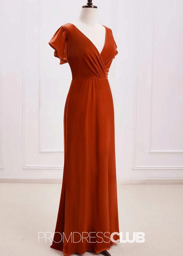 Sheila | A Line Surplice Backless Rust Orange Velvet Maxi Bridesmaid Dress - Price #price_variant_lowest# - Bronzer - PromDressClub