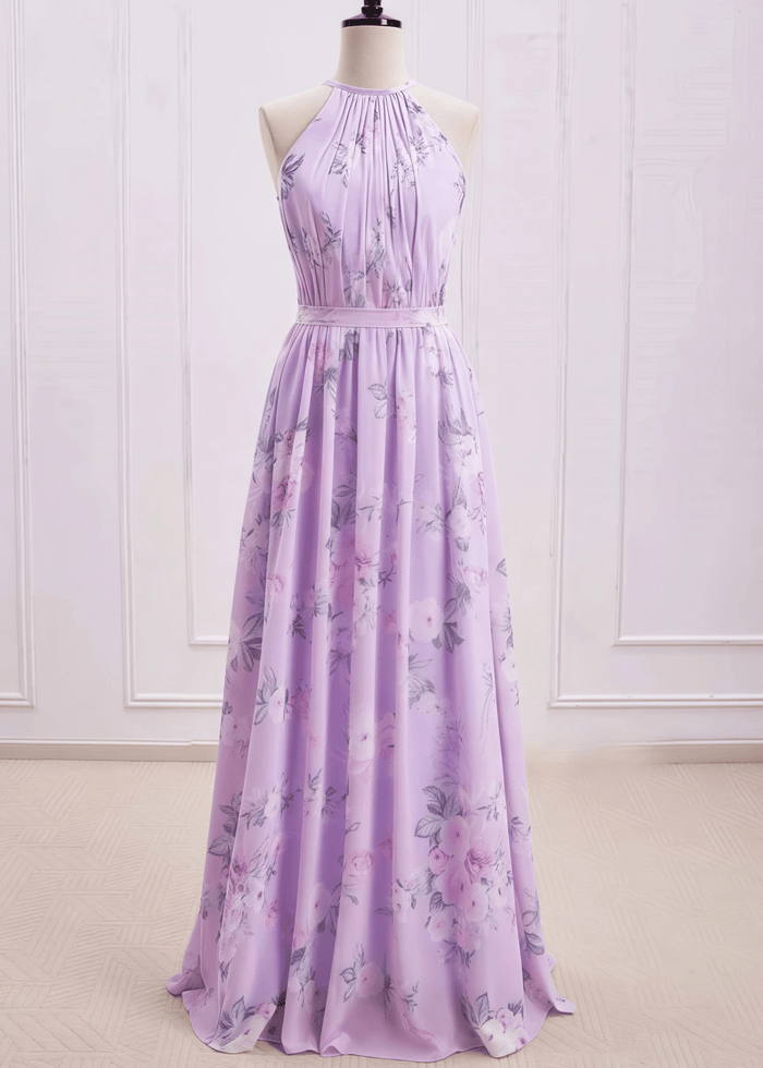 Sherry | A Line Lavender Floral Print Chiffon Maxi Bridesmaid Dress - Price #price_variant_lowest# - Lavender Floral - PromDressClub
