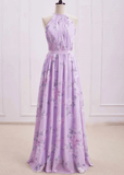 Sherry | A Line Lavender Floral Print Chiffon Maxi Bridesmaid Dress - Lavender Floral - PROMDRESS Club