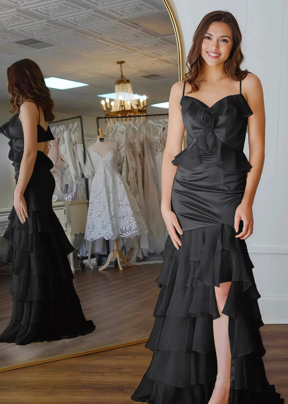 Shine Bright Yellow Flower Ruffle Chiffon Prom Dress with Slit – Unforgettable Prom Nights - Black - PromDressClub