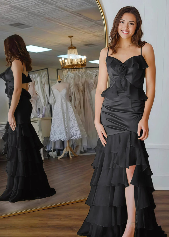 Shine Bright Yellow Flower Ruffle Chiffon Prom Dress with Slit – Unforgettable Prom Nights - Black - PromDressClub