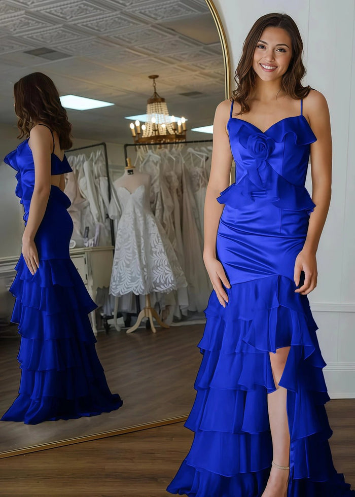 Shine Bright Yellow Flower Ruffle Chiffon Prom Dress with Slit – Unforgettable Prom Nights - Purple - PromDressClub