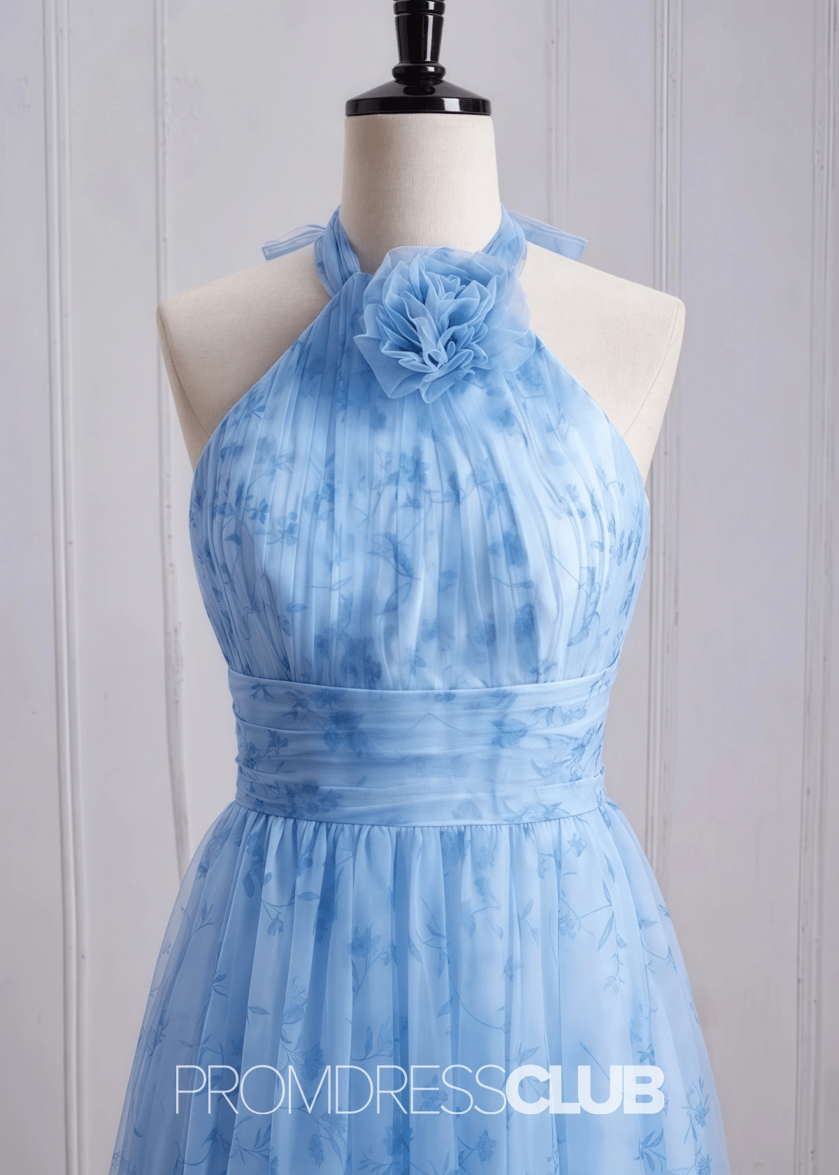 Shirley | A Line 3D Flower Light Blue Floral Print Tulle Long Bridesmaid Dress - Light Blue Floral - PROMDRESS Club