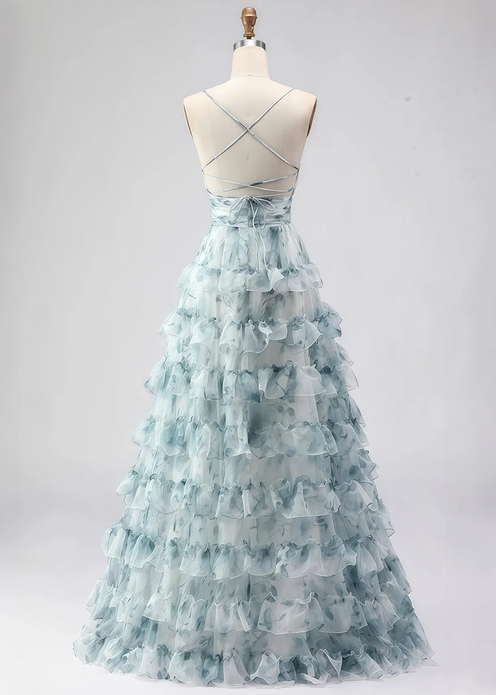 Sia Ruffle Blue Floral Dress Prom | A - Line Spaghetti Strap V - Neck Slit Formal Dress - Blue Floral - PromDressClub