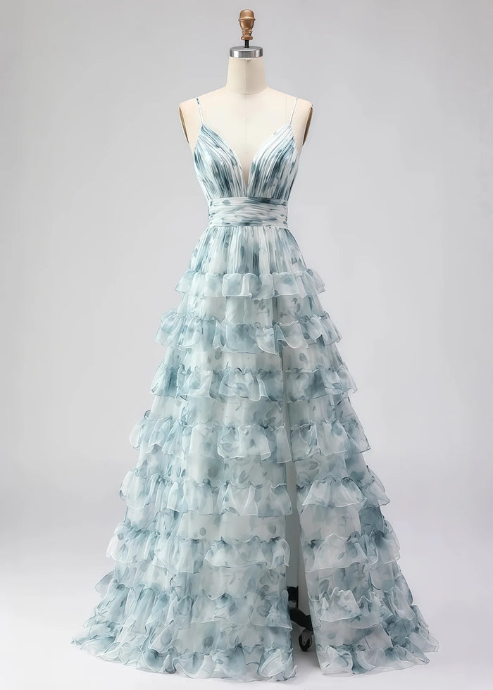 Sia Ruffle Blue Floral Dress Prom | A - Line Spaghetti Strap V - Neck Slit Formal Dress - Blue Floral - PromDressClub