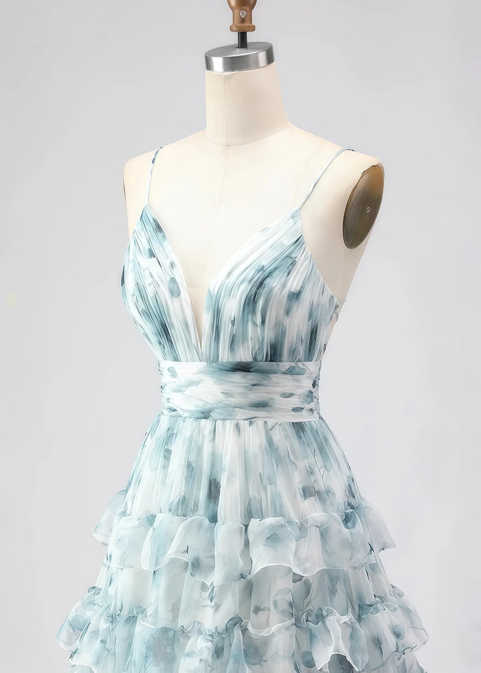 Sia Ruffle Blue Floral Dress Prom | A - Line Spaghetti Strap V - Neck Slit Formal Dress - Blue Floral - PromDressClub