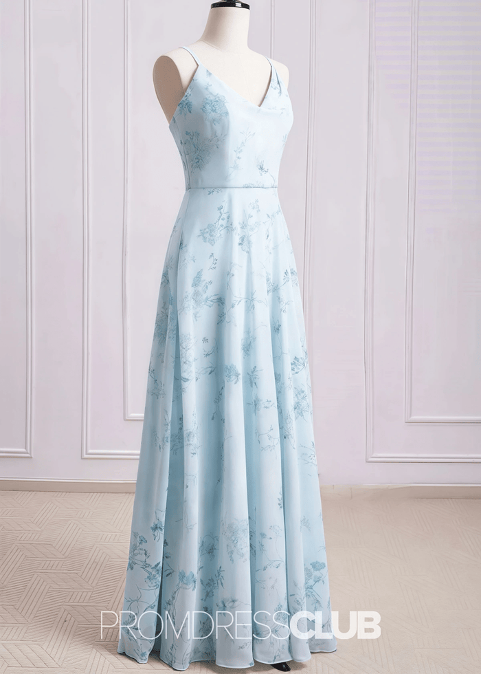 Sibyl | A Line Light Green Floral Print Chiffon Long Bridesmaid Dress - Price #price_variant_lowest# - Light Green Floral - PromDressClub