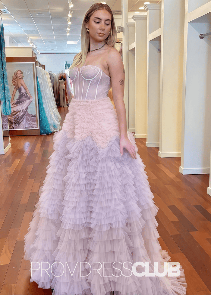 Sigrid |Grey Tulle Long Prom Dresses With A Line Sweetheart Tiered Ruffled - Price #price_variant_lowest# - Pink - PromDressClub