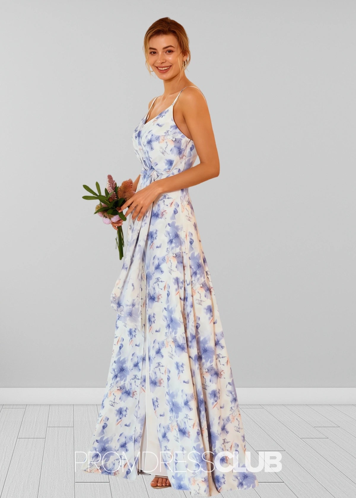 Sigrid | White Blue Floral Print Spaghetti Straps Chiffon Long Bridesmaid Dress - Price #price_variant_lowest# - Blue Floral - PromDressClub