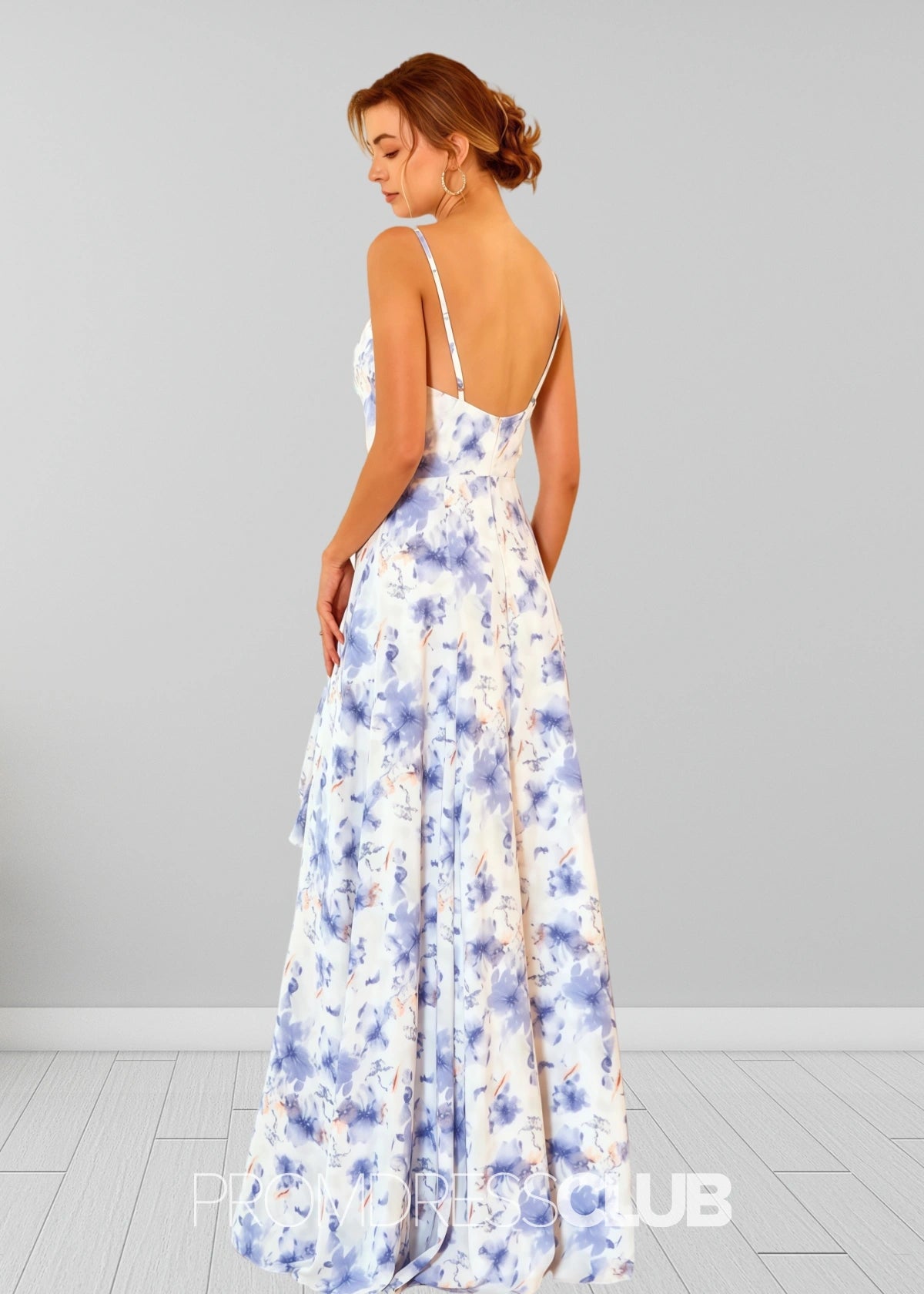 Sigrid | White Blue Floral Print Spaghetti Straps Chiffon Long Bridesmaid Dress - Price #price_variant_lowest# - Blue Floral - PromDressClub