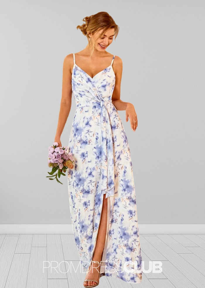 Sigrid | White Blue Floral Print Spaghetti Straps Chiffon Long Bridesmaid Dress - Price #price_variant_lowest# - Blue Floral - PromDressClub