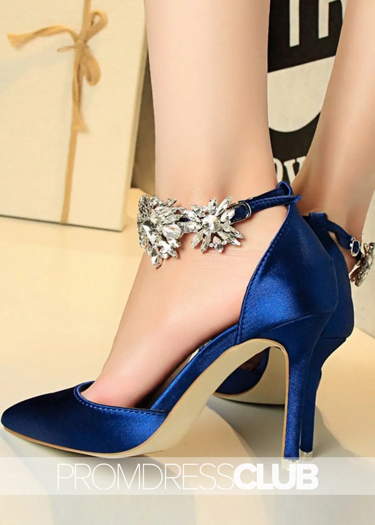 Silver Prom Heels with Ankle Strap Crystals - Royal Blue - US4 - PromDressClub