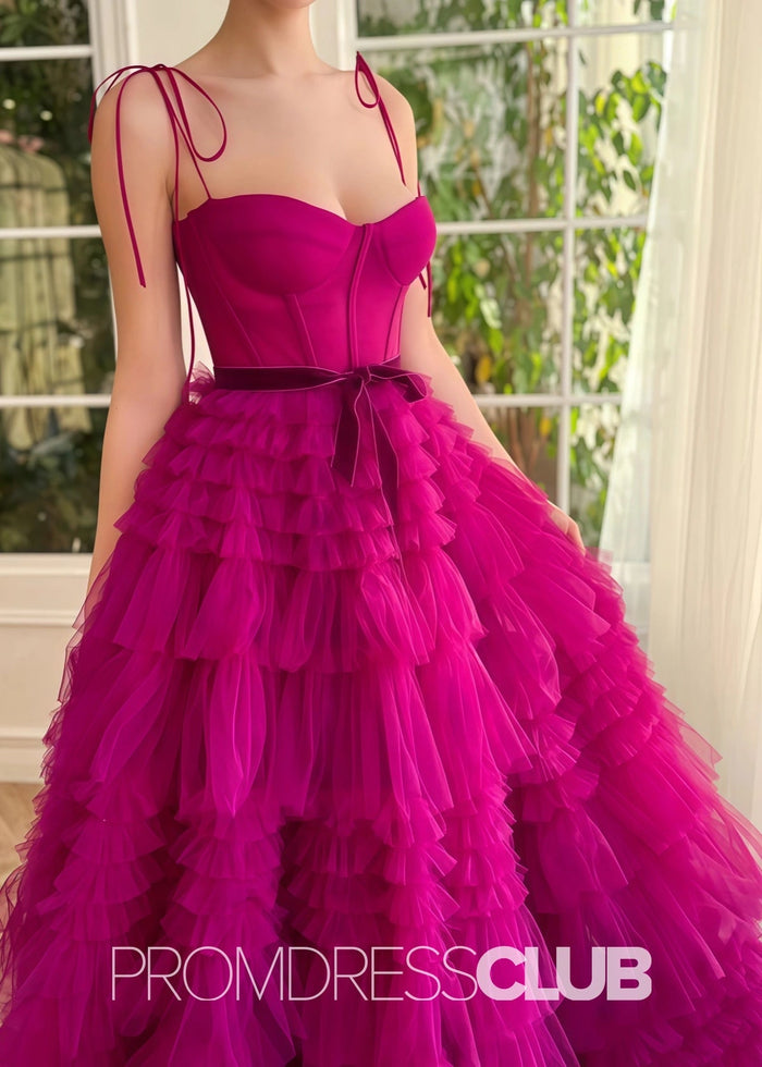 Simona |Fuchsia Tulle Long Formal Dresses With A Line Strapless Tiered Ruffled - Price #price_variant_lowest# - Fuchsia - PromDressClub
