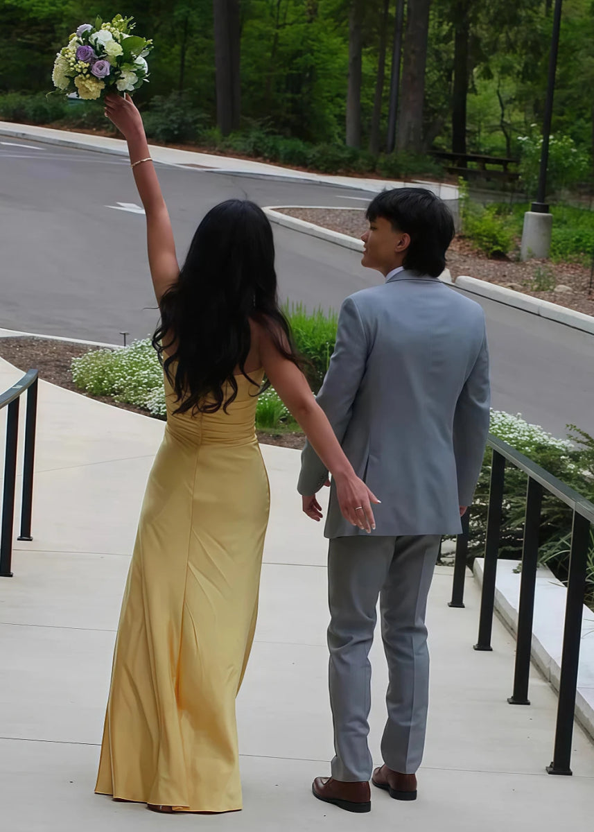 Simple Pleated Strapless Pink Prom Dress | Sheath Stretch Satin Floor Length Dress with Cutouts - Yellow - PromDressClub