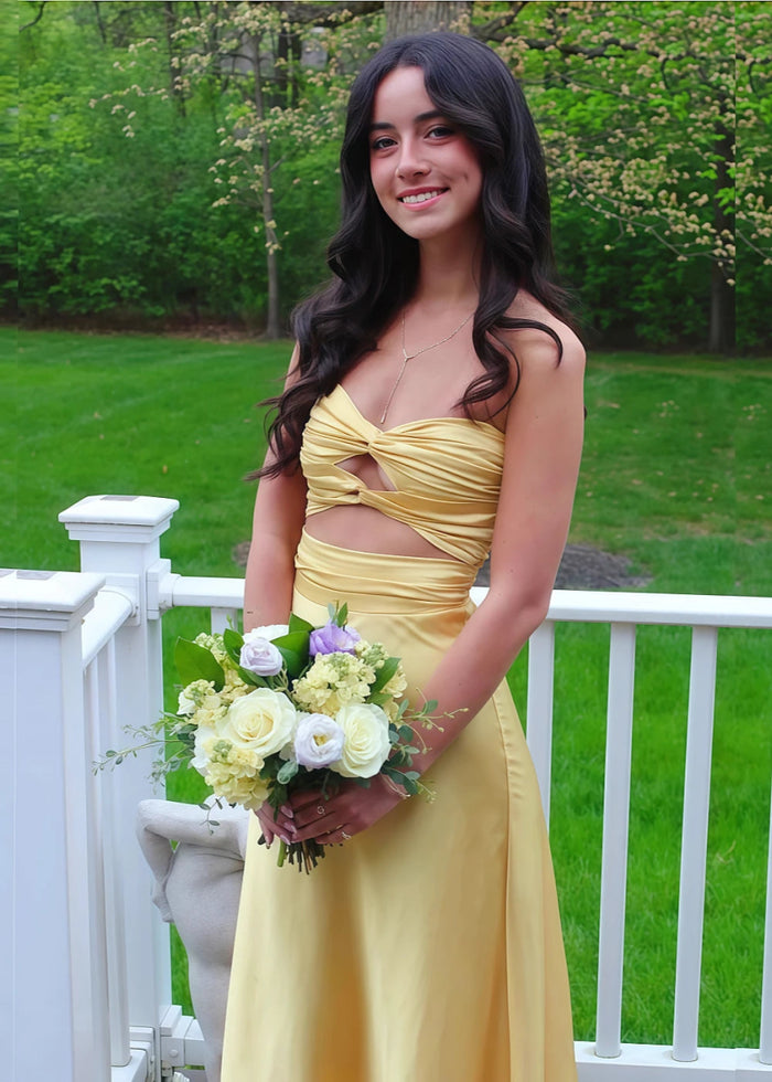 Simple Pleated Strapless Pink Prom Dress | Sheath Stretch Satin Floor Length Dress with Cutouts - Yellow - PromDressClub