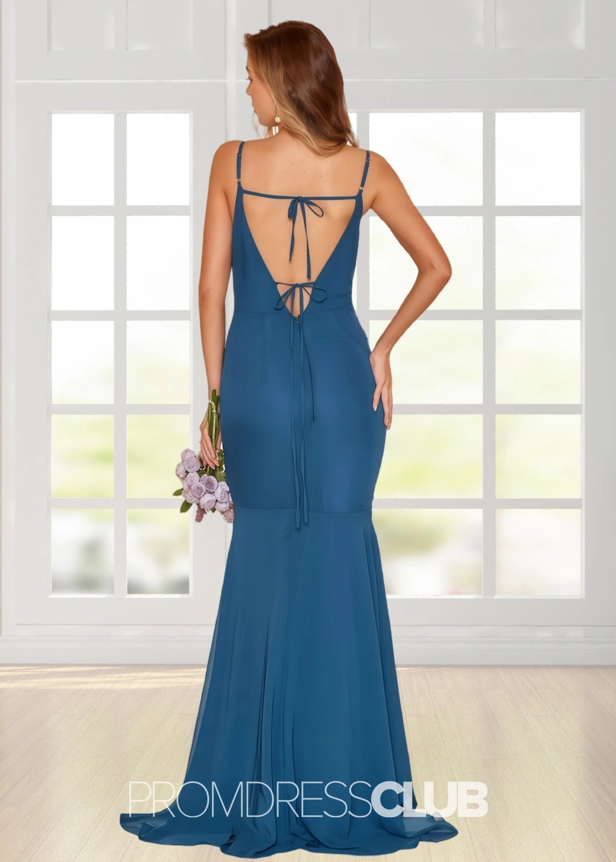 Sophia | A Line High - low Ink Blue Chiffon Long Bridesmaid Dress - Ink Blue - PROMDRESS Club