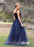 Sophia |Navy Blue Long Prom Dresses With A Line Spagatti Straps Velvet Tulle Floor Length - Navy Blue - PromDressClub