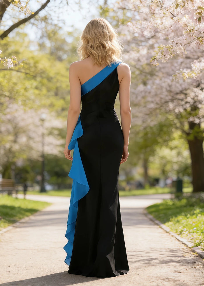 Soren Black and Blue Prom Dresses with One Shoulder | Sheath Ruffle 3D Flower Black Tie Wedding Guest Dress - Blue - PromDressClub