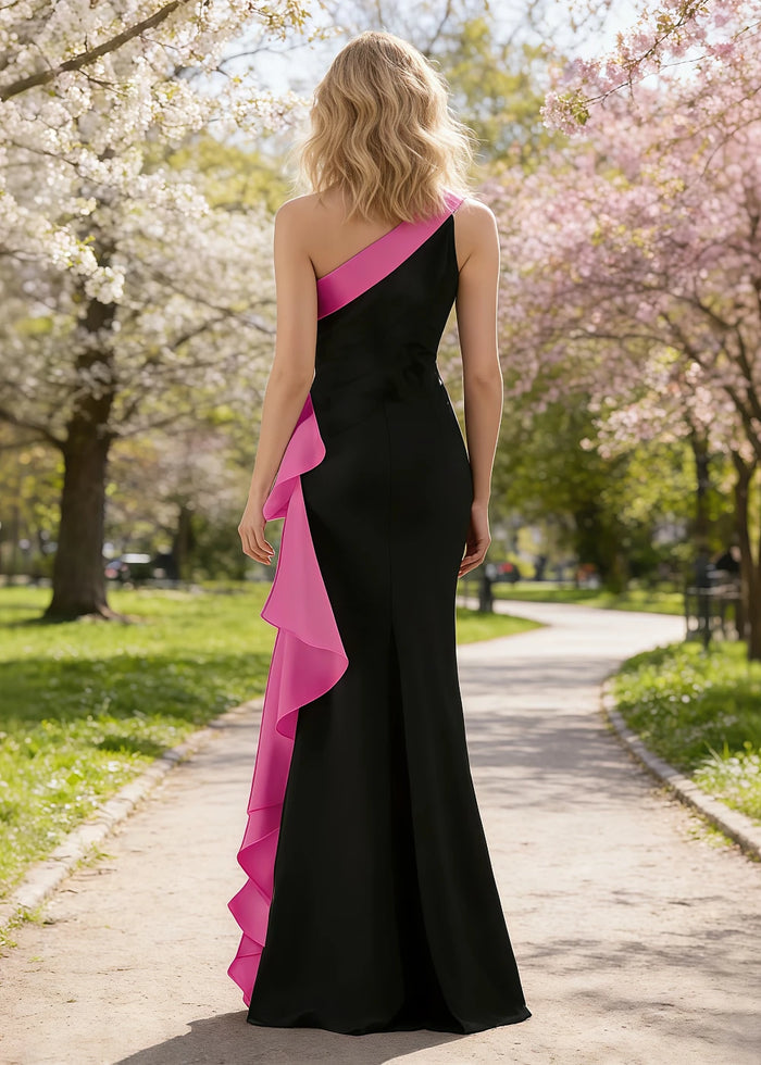 Soren Black and Fuchsia Prom Dresses with One Shoulder | Sheath Ruffle 3D Flower Black Tie Wedding Guest Dress - Fuchsia - PromDressClub