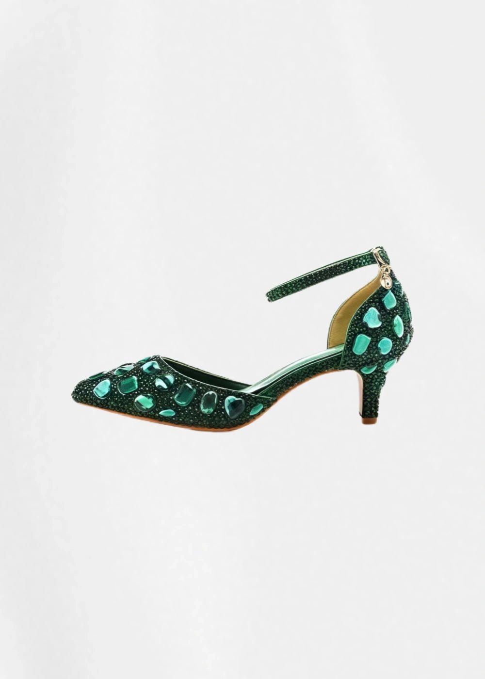 Sparkling Embellished Crystal Diamond Pointed Toe Gold Kitten Heels - Prefect for Occasions - Dark Green - PromDressClub