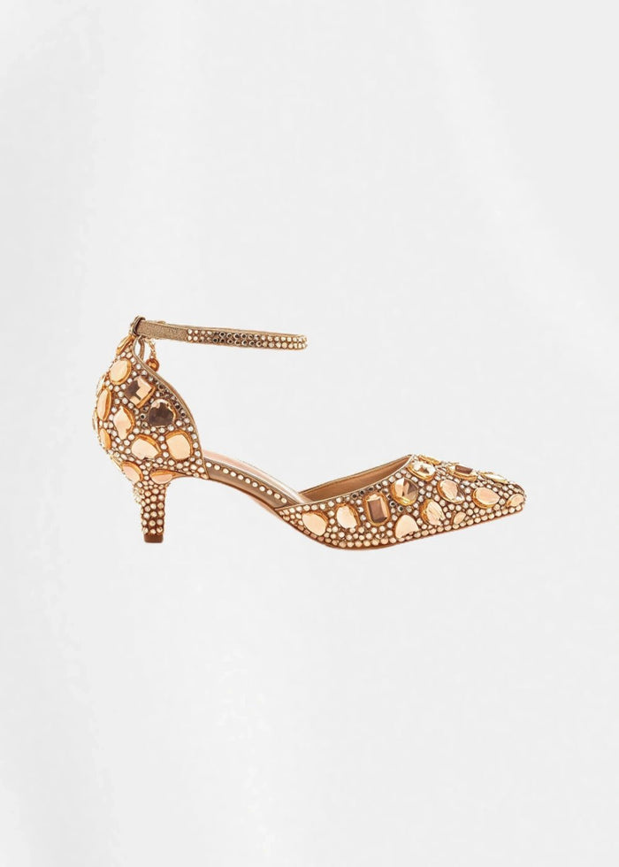 Sparkling Embellished Crystal Diamond Pointed Toe Gold Kitten Heels - Prefect for Occasions - Gold - PromDressClub