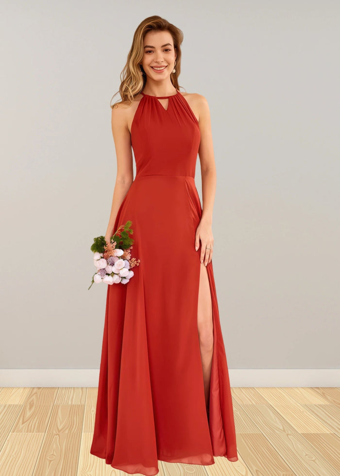 Stacey | Rust Brown A Line Chiffon Maxi Bridesmaid Dress with Slit - Price #price_variant_lowest# - Rust - PromDressClub