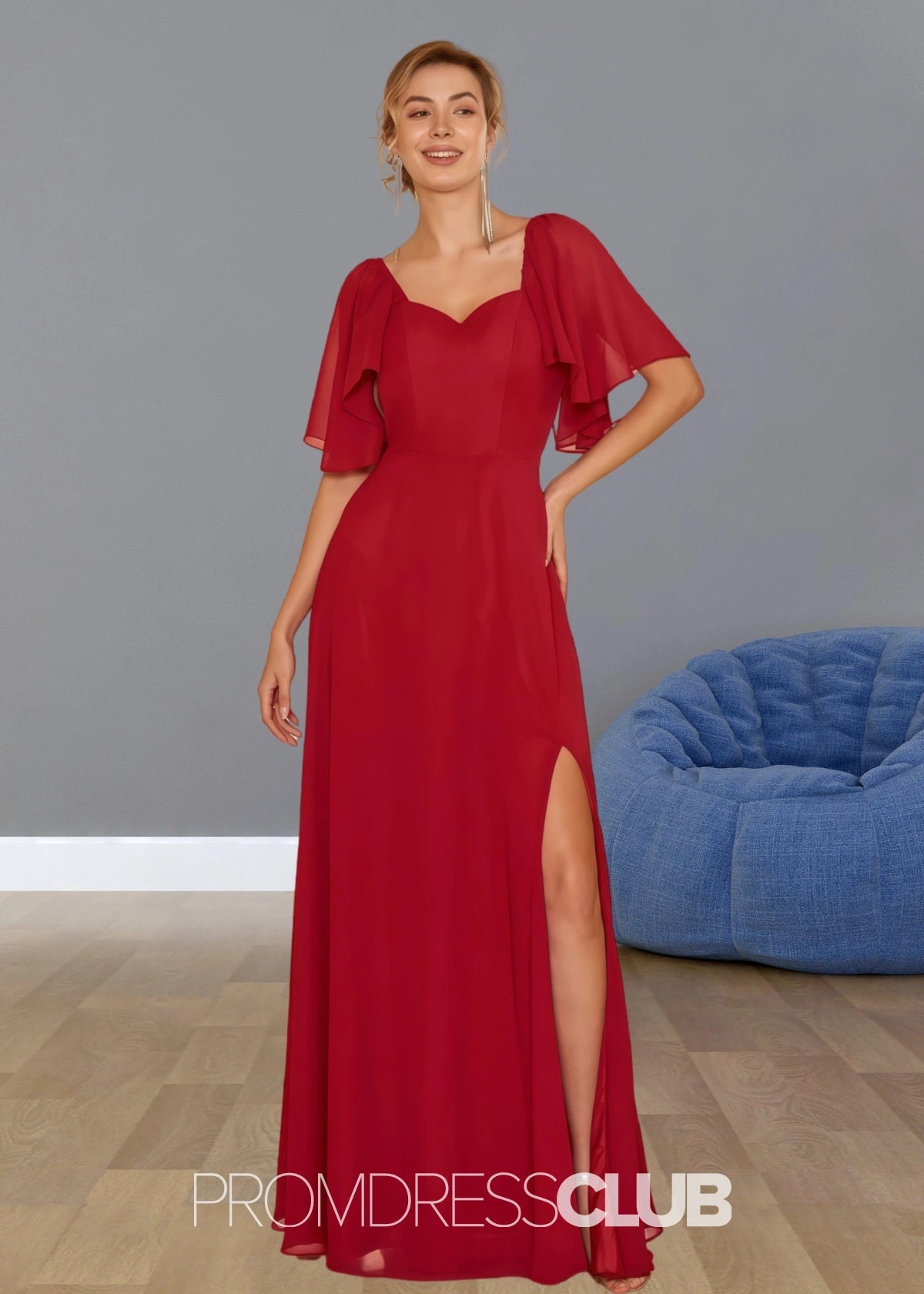 Stephanie | Boho A Line Ruffles Short Sleeve Burgundy Chiffon Long Bridesmaid Dress with Slit - Burgundy - PROMDRESS Club