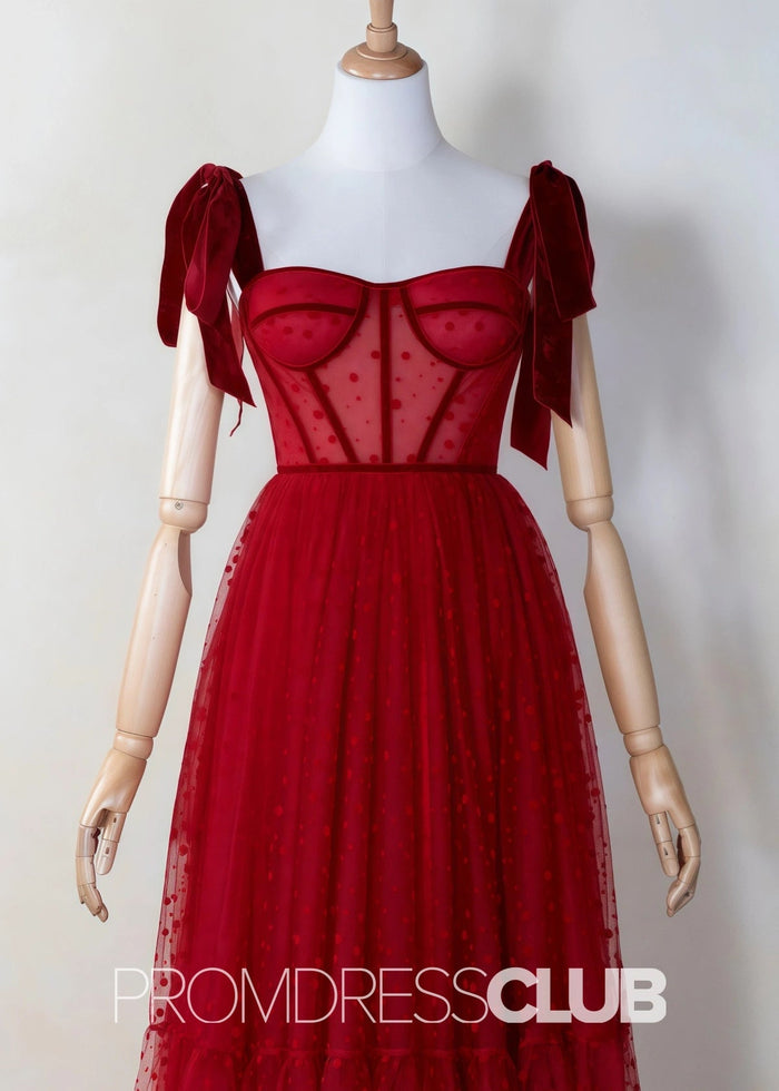 Stephanie |Red Long Prom Dresses With A Line Square Neckline Corset Dotted Tulle - Price #price_variant_lowest# - Red - PromDressClub