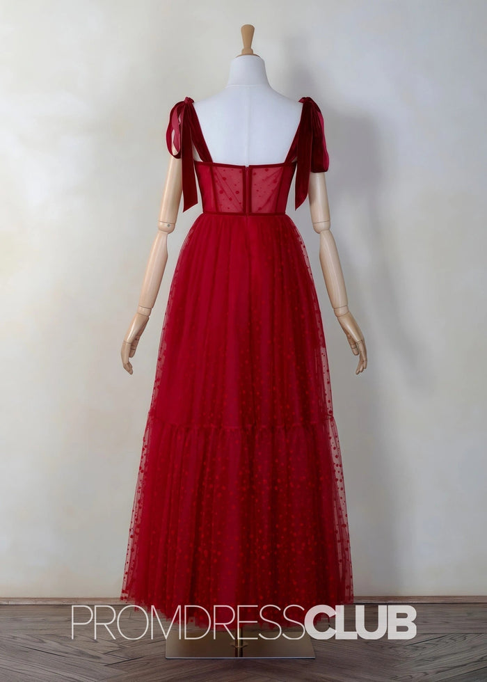 Stephanie |Red Long Prom Dresses With A Line Square Neckline Corset Dotted Tulle - Price #price_variant_lowest# - Red - PromDressClub