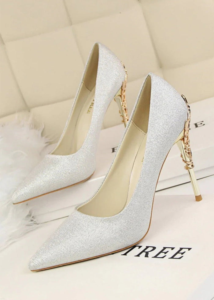 Stunning Burgundy and Red Pointed Toe Stiletto Heels - Elevate Your Style with Metal - Detailed Elegance - Silver - PromDressClub